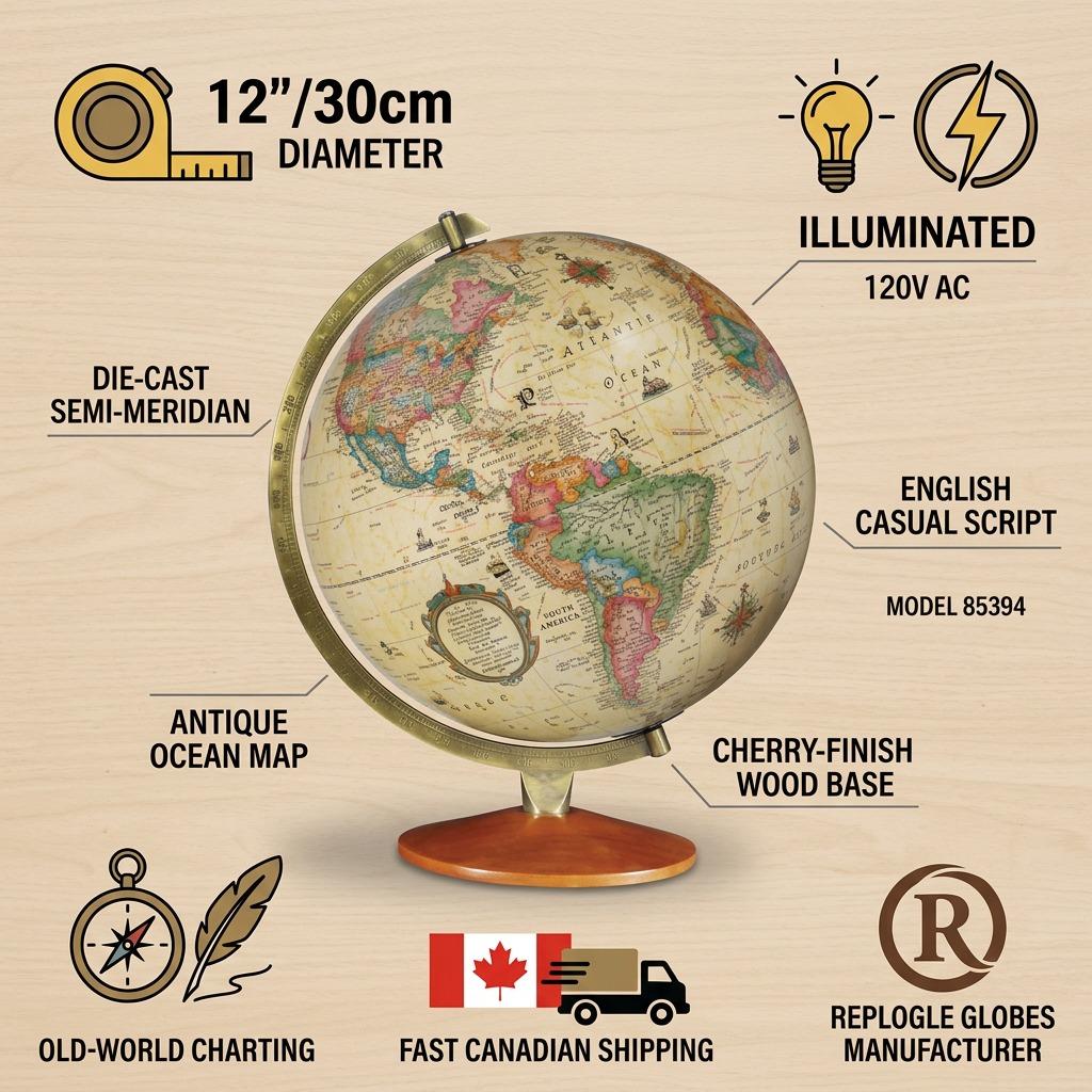Infographic for Replogle Odessa Globe (model 85394) shows product specifications and shipping information.