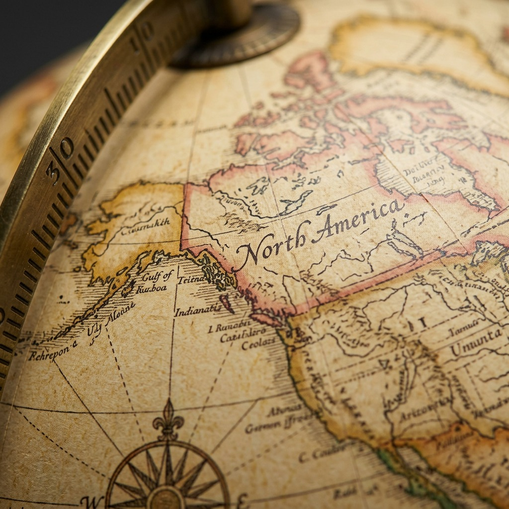 A detailed macro view of the vintage-style map and brass meridian on the Replogle 85394 globe.