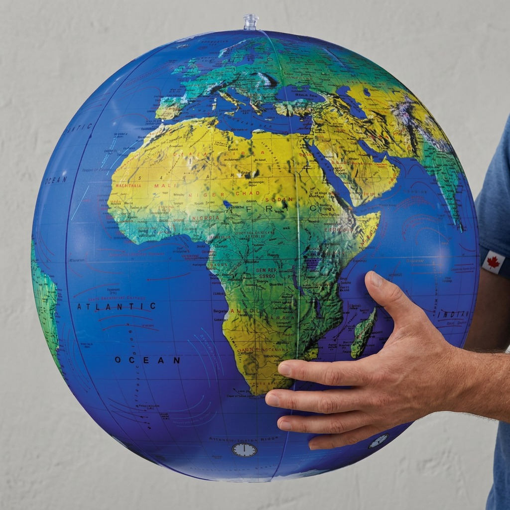 An adult's hand holds the inflated Replogle Blue Ocean Globe for direct scale reference.