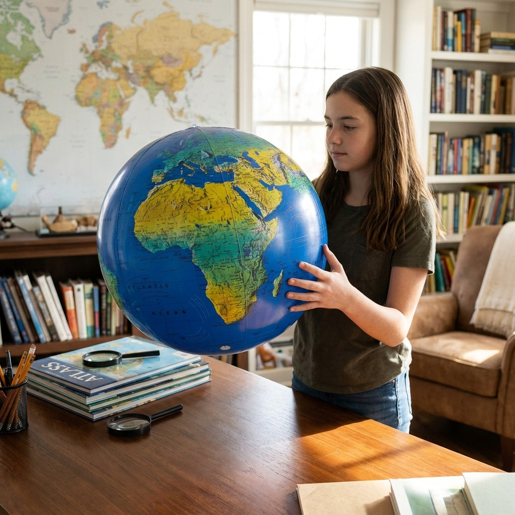 An inflatable blue ocean globe floats at eye level in the center of a sunny, wood-floored study, surrounded by bookshelves and a world map. Natural light highlights its topographical details and political boundaries.