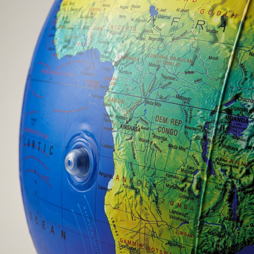 An extreme close-up of The World Inflatable Globe's African continent detail, showing clear topographical print and political boundaries.