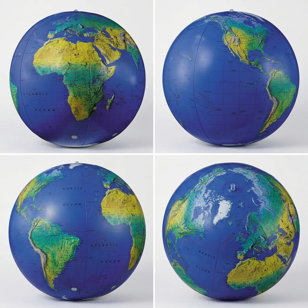A matrix display featuring four identical inflatable blue ocean globes at different angles.