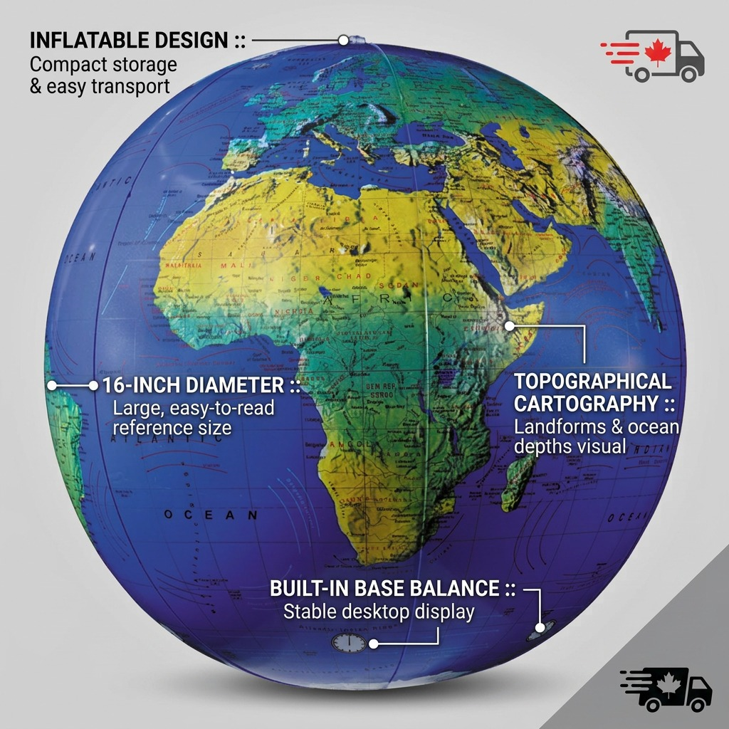 Feature graphic of Replogle 16-inch inflatable globe with callouts for portability, size, cartography, and stability.