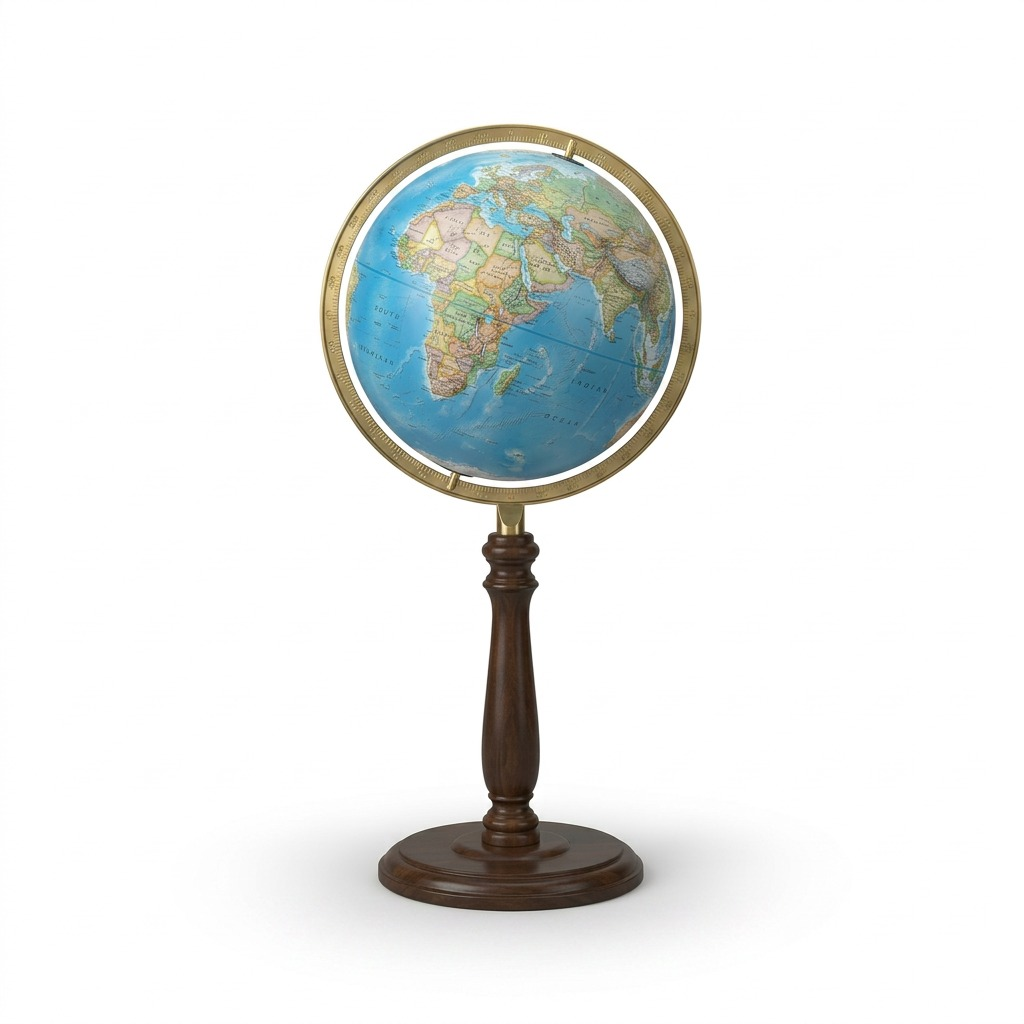 A centered, low-angle studio photograph of the Replogle National Geographic Chamberlin floor globe, showing its 16-inch diameter blue ocean sphere, full brass-plated meridian, and dark turned wood stand against a pure white background.