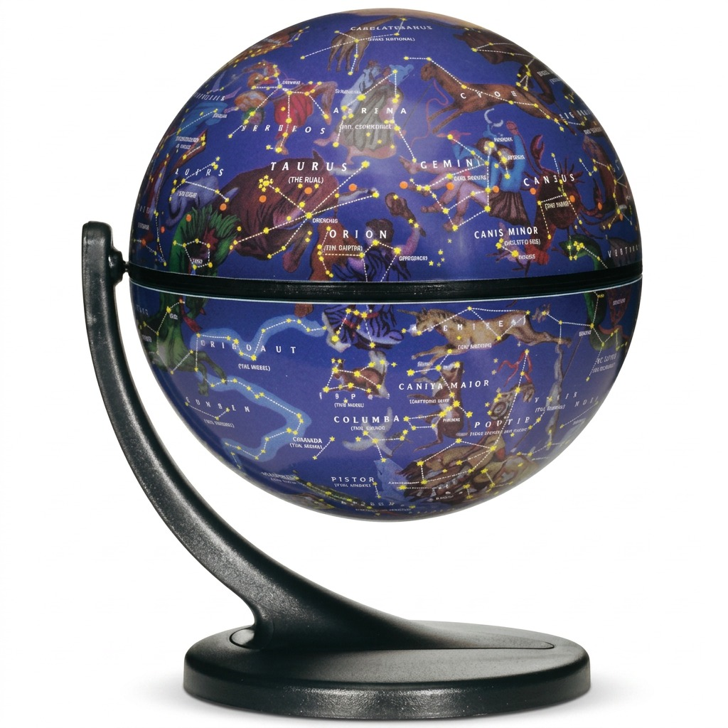 A crisp, pure white-background hero shot of the dark blue Replogle Celestial Wonderglobe on its black metal stand.