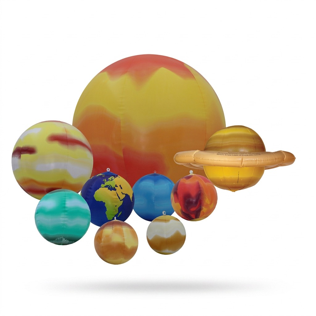 Pure studio product shot of the Replogle Globes Inflatable Solar System set from image_0.png against a pure white background. The set includes all 9 canonical inflatables (8 planets and 1 Sun) arranged centered and floating, with sharp details, realistic vinyl textures, accurate proportions, and visible valve stems. Precise shadows grounding the floating elements, matching the product details of MPN 17801, UPC 039231178011.