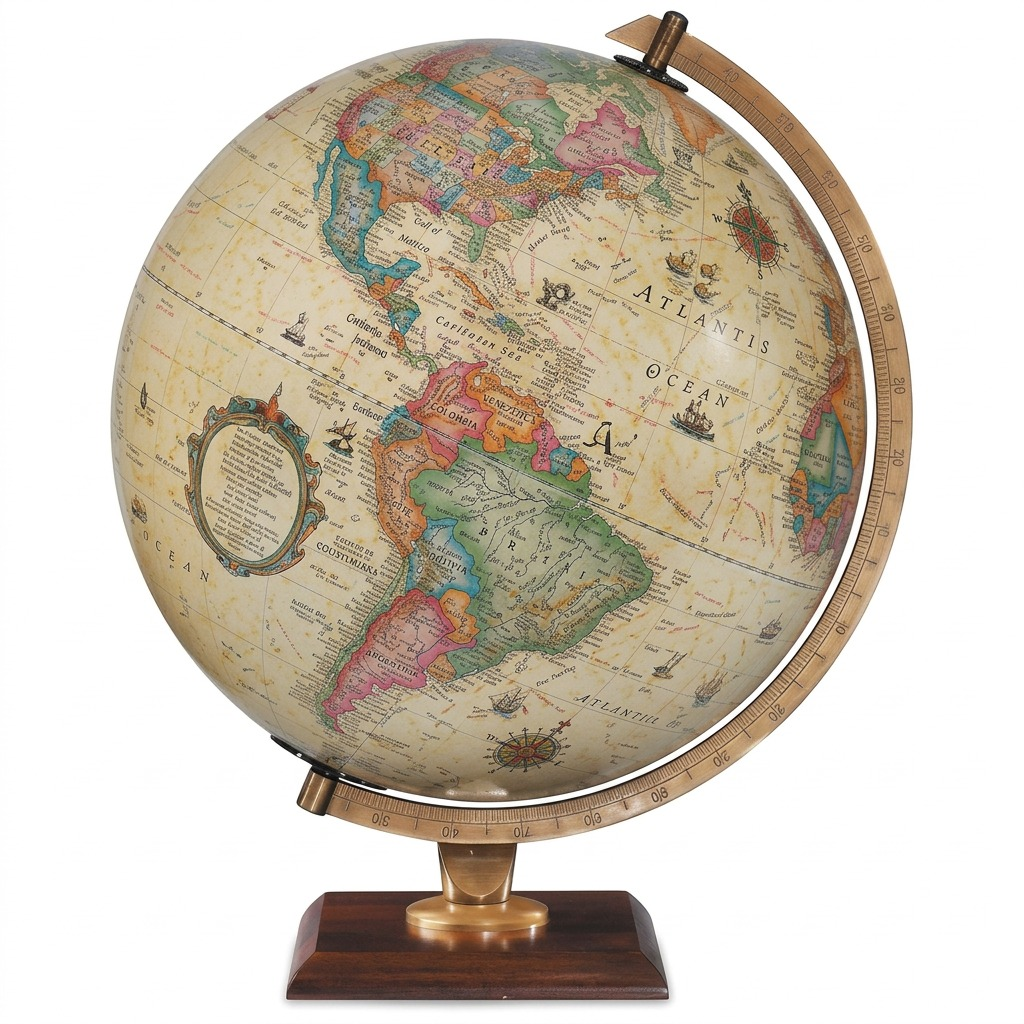 High-resolution hero shot of the Replogle Forester anchor_01, featuring a detailed antique ocean map on a dark wood and brass stand, centered against a pure white background.