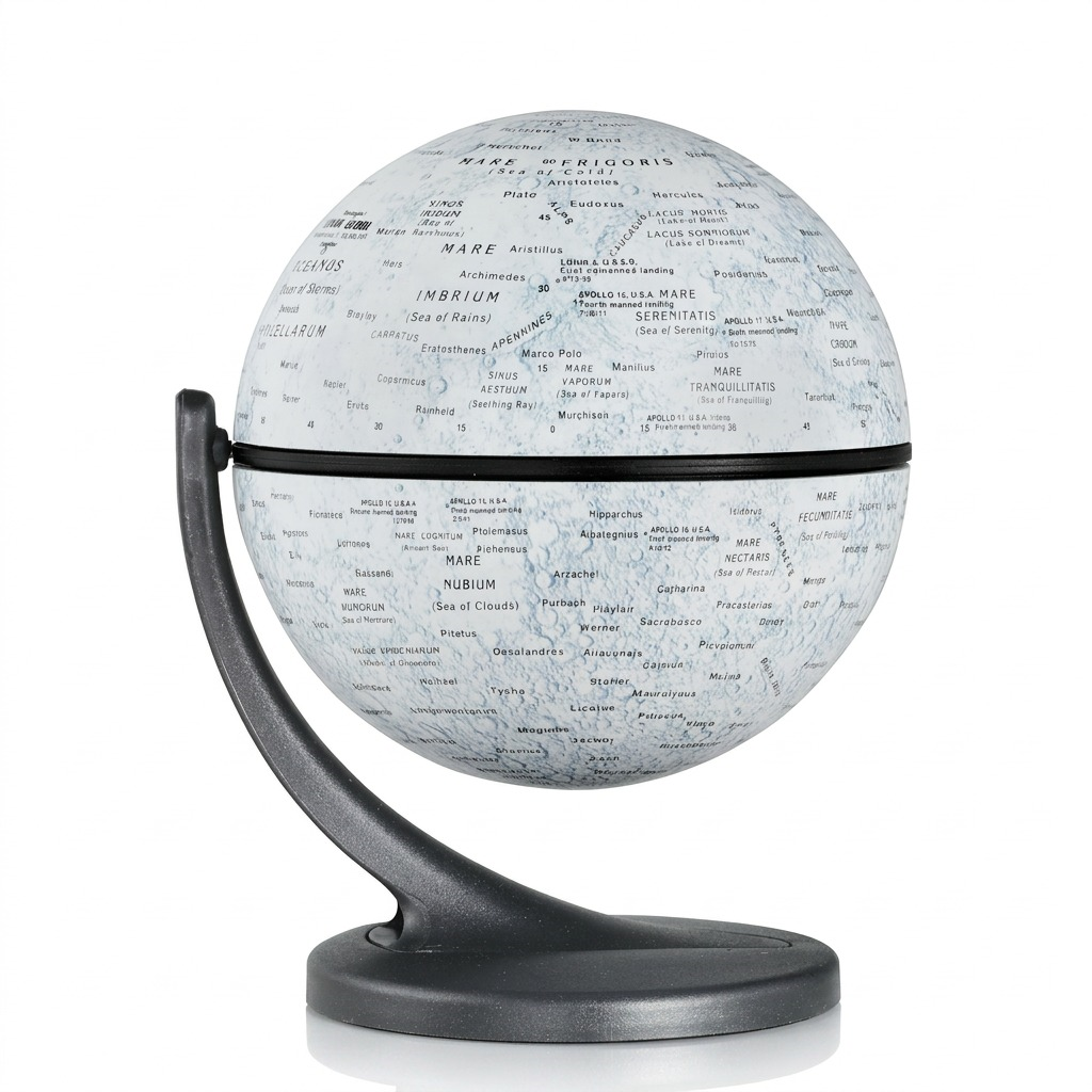 A detailed-rich lunar globe from Replogle Globes featuring accurate cartography and Apollo landing sites.