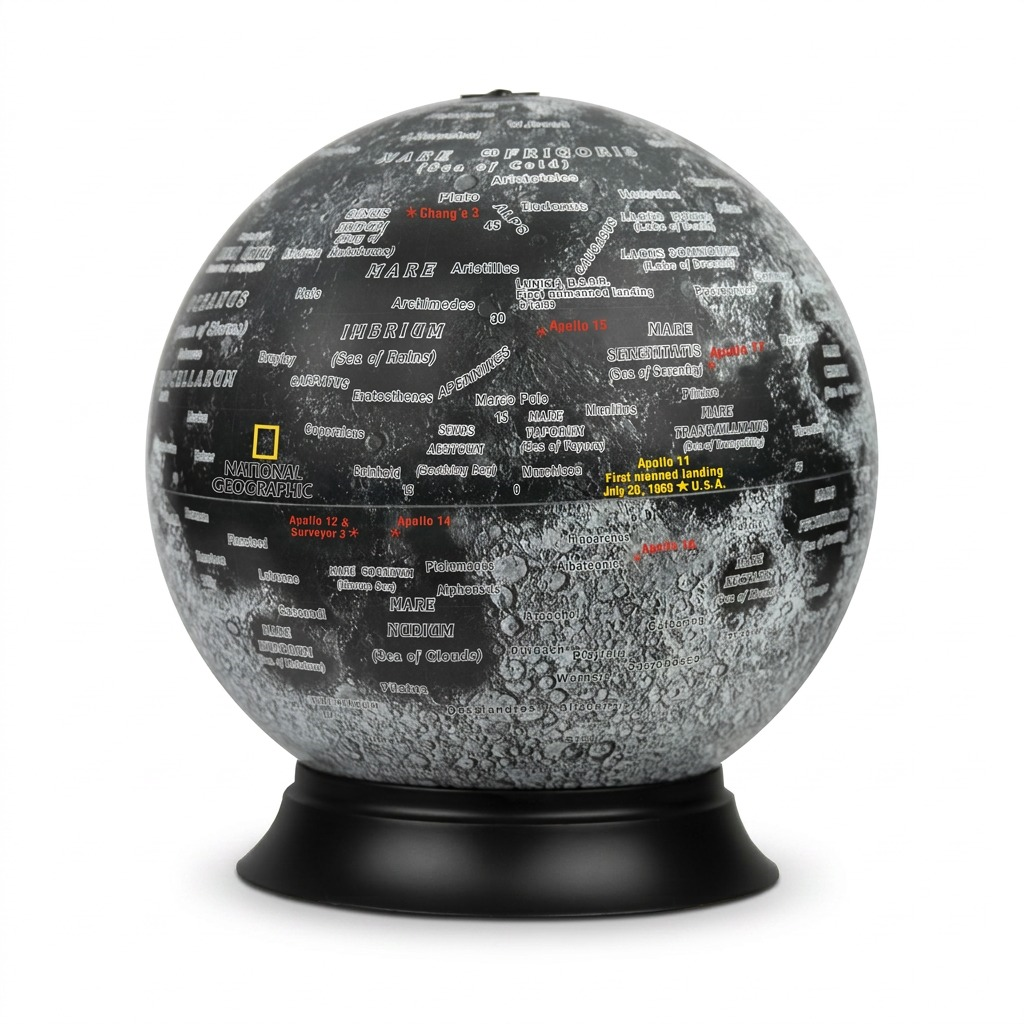 A centered, high-resolution hero shot of the illuminated National Geographic Moon Globe on its black base.