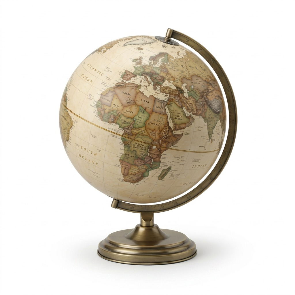 High-resolution hero shot of the vintage-style Replogle Grosvenor antique parchment ocean desk globe on its brass-finished stand.