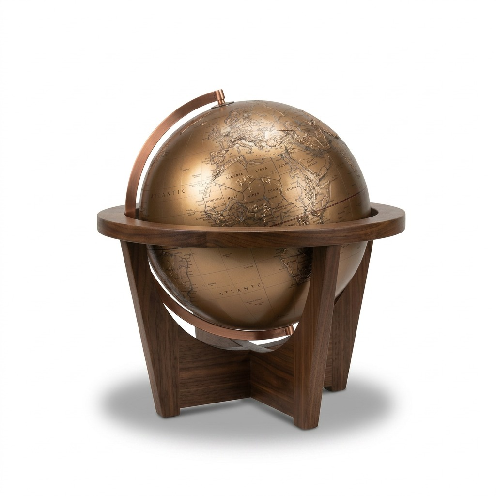 A high-resolution product image of the Replogle Hexhedra Bronze Metallic Globe with its walnut stand against a pure white background.