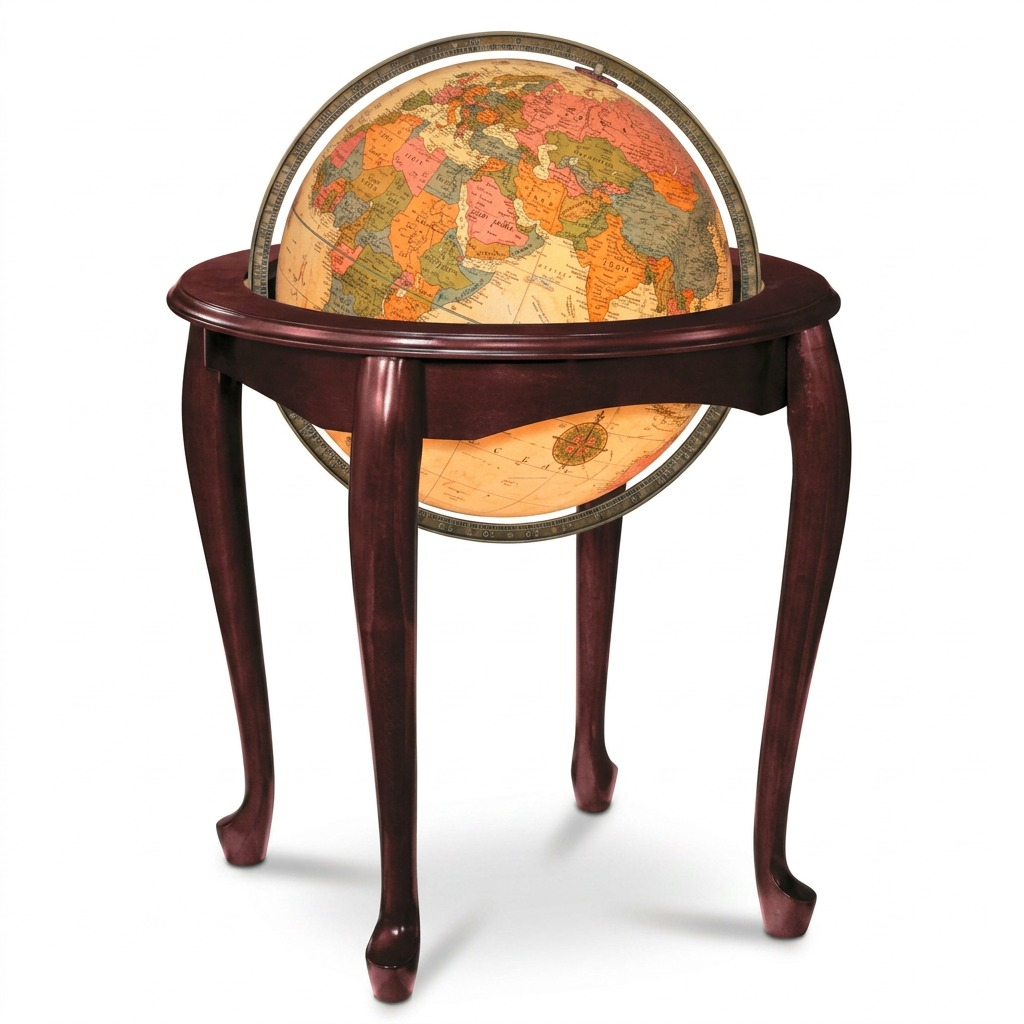 Replogle Queen Anne Illuminated Floor Globe with 16-inch diameter antique map sphere and detailed mahogany stand.