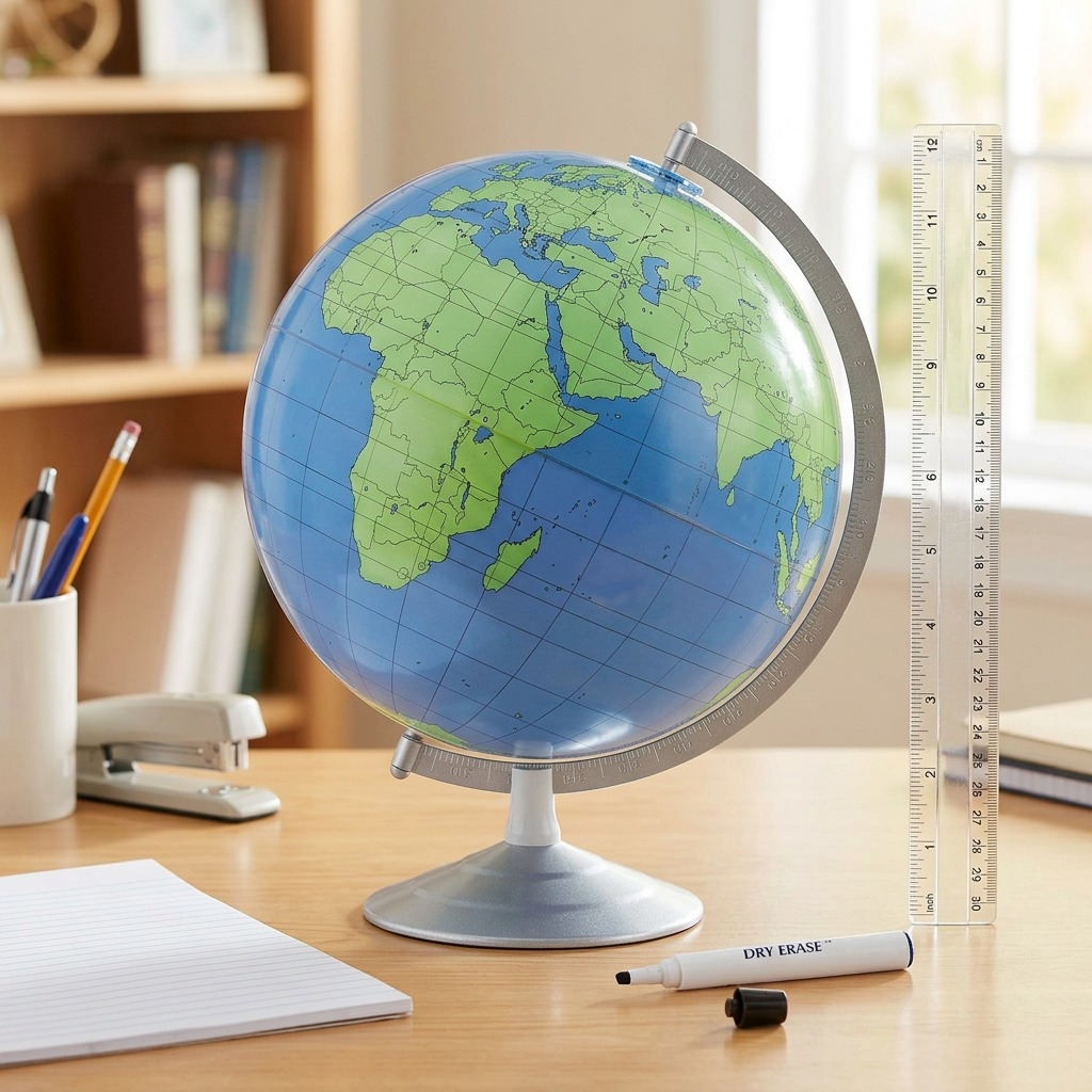 Rendered in a clear studio environment, the Replogle Write & Erase globe stands alongside a standard 12-inch ruler and a human hand, clearly conveying its physical size against real-world references on a desk.