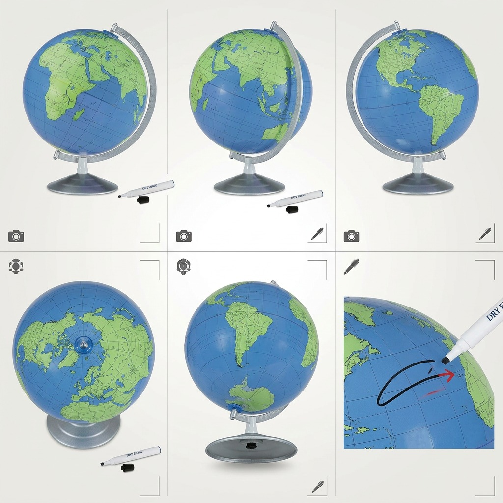 A 3x2 grid matrix showcasing the single Write & Erase globe from six distinct useful angles.