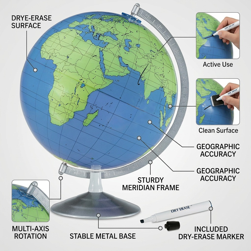 Product feature graphic highlighting the dry-erase functionality and construction of the Geographer Write & Erase globe.