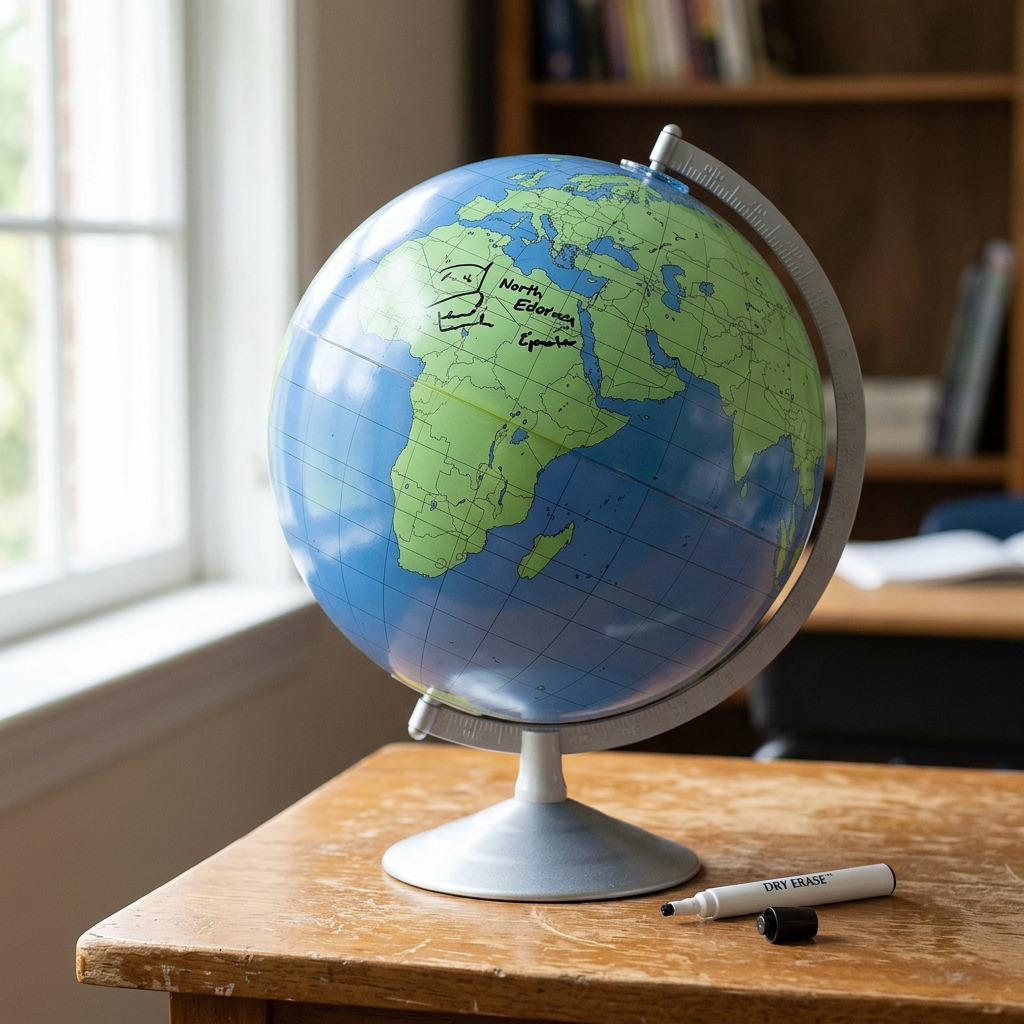 A realistic photo of the Geographer dry-erase globe and marker in an educational setting with natural light, showing Europe and Africa.