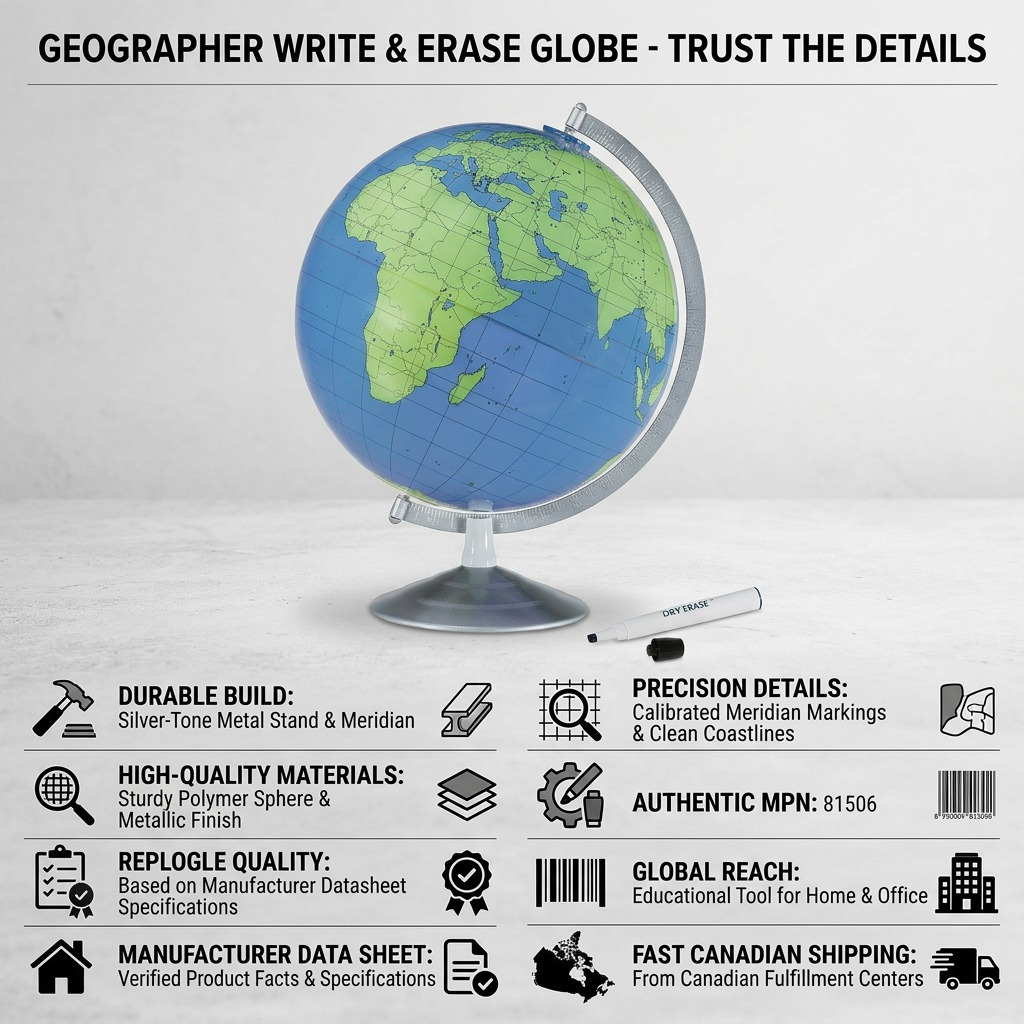 A trust infographic for the Geographer Globe with icons denoting durable build and Canadian shipping.