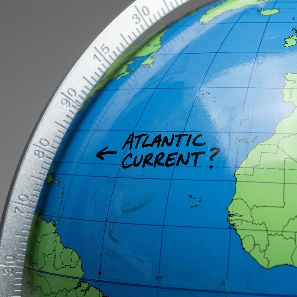Macro detail shot of the dry-erase globe surface featuring hand-drawn marker notes and metal grain semi-meridian.