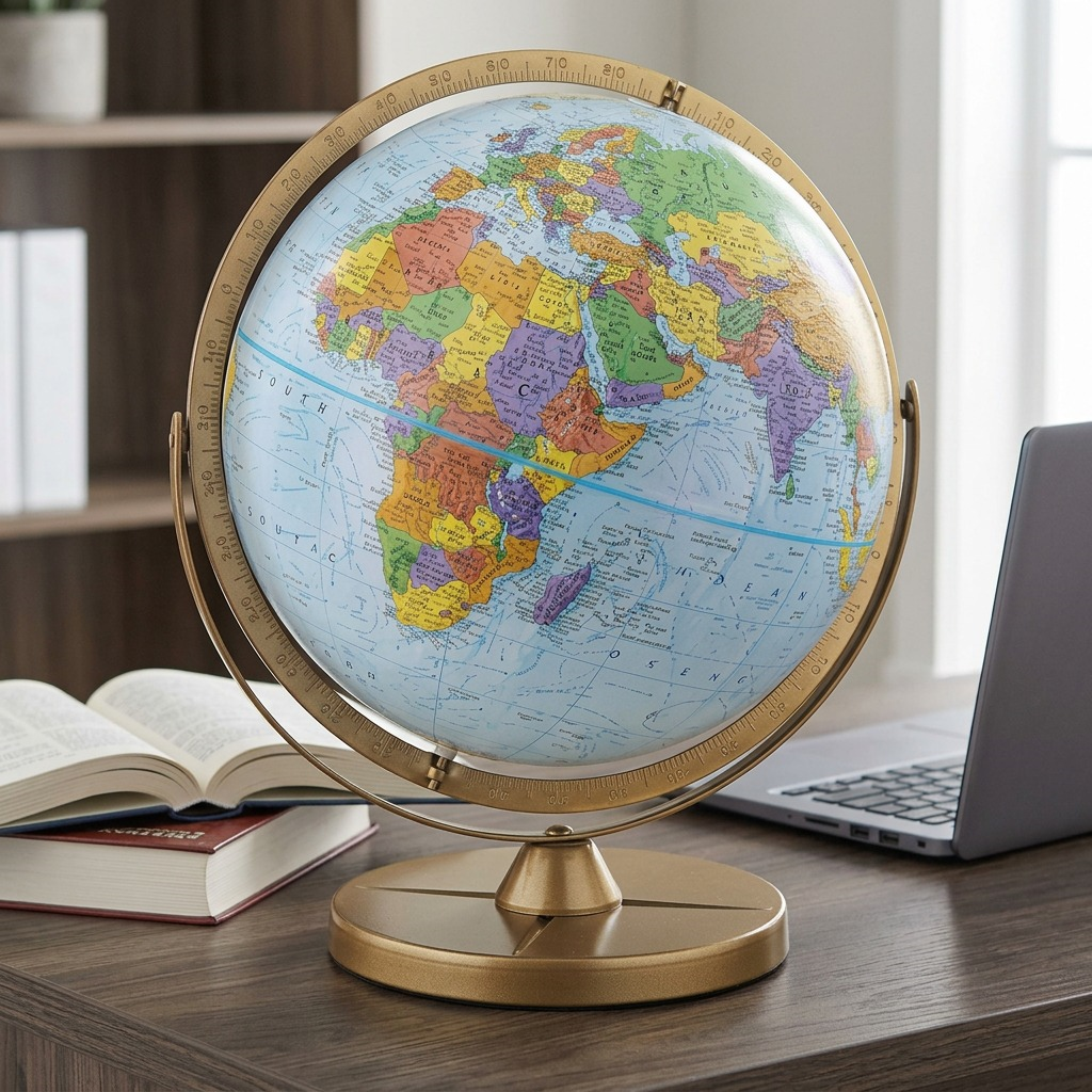A 12-inch Replogle Pioneer globe next to a stacked set of common reference books, showing true desk scale.