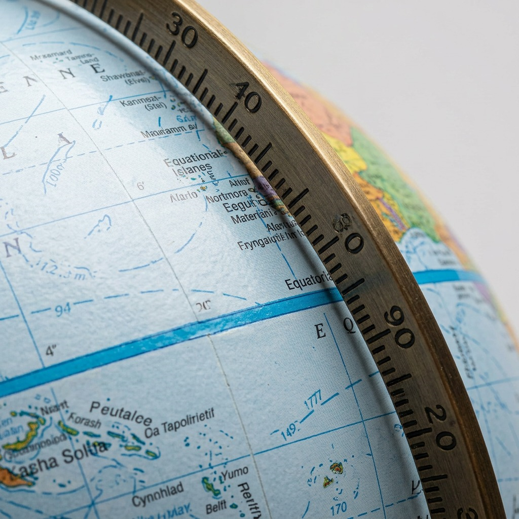 A macro photo shows detailed map printing, ocean depth lines, and a brass meridian with precise engravings.