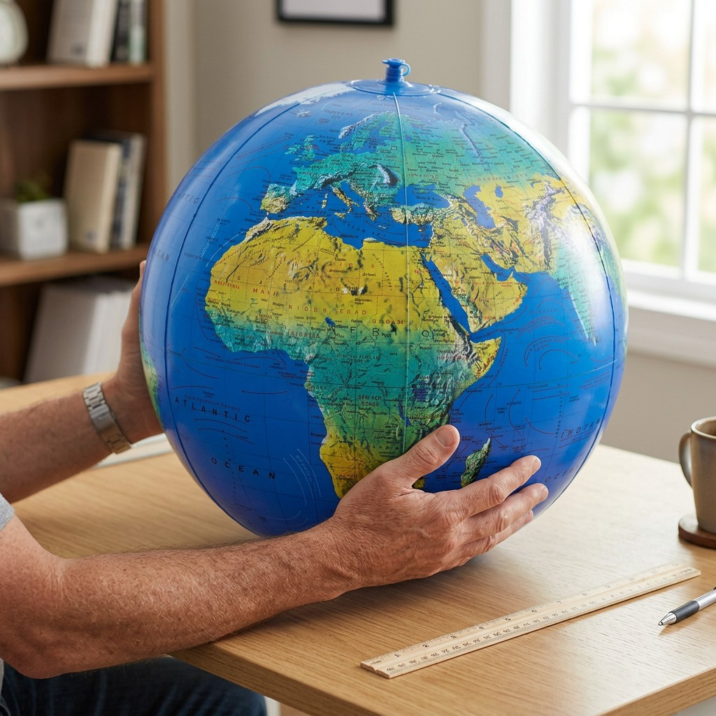 An image of the inflatable globe held in hand near a desk, establishing its true size of 12 inches.