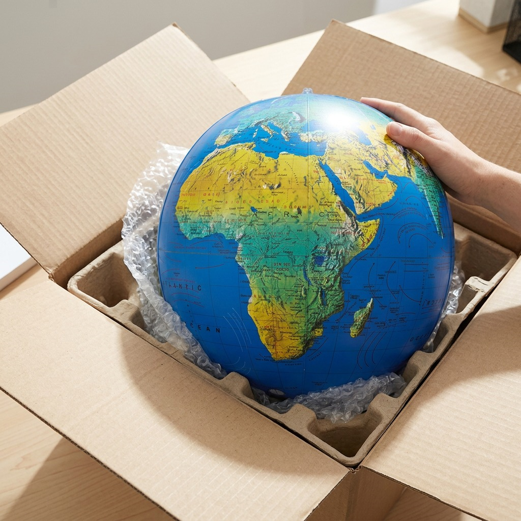 A photograph of the unboxed 12" inflatable globe in protective mailer materials.