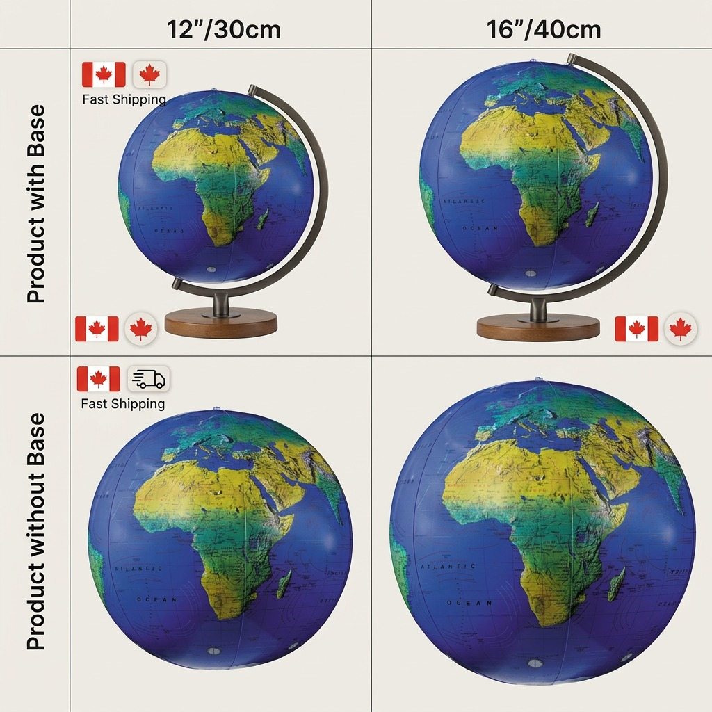 An e-commerce matrix featuring three views of an inflatable globe with topographical map details.