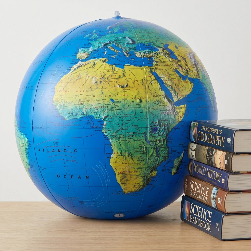 A scale reference image showing the Replogle Globes Inflatable Blue Ocean Globe 16" beside a large stack of standard hardcover reference books on a wooden desk.