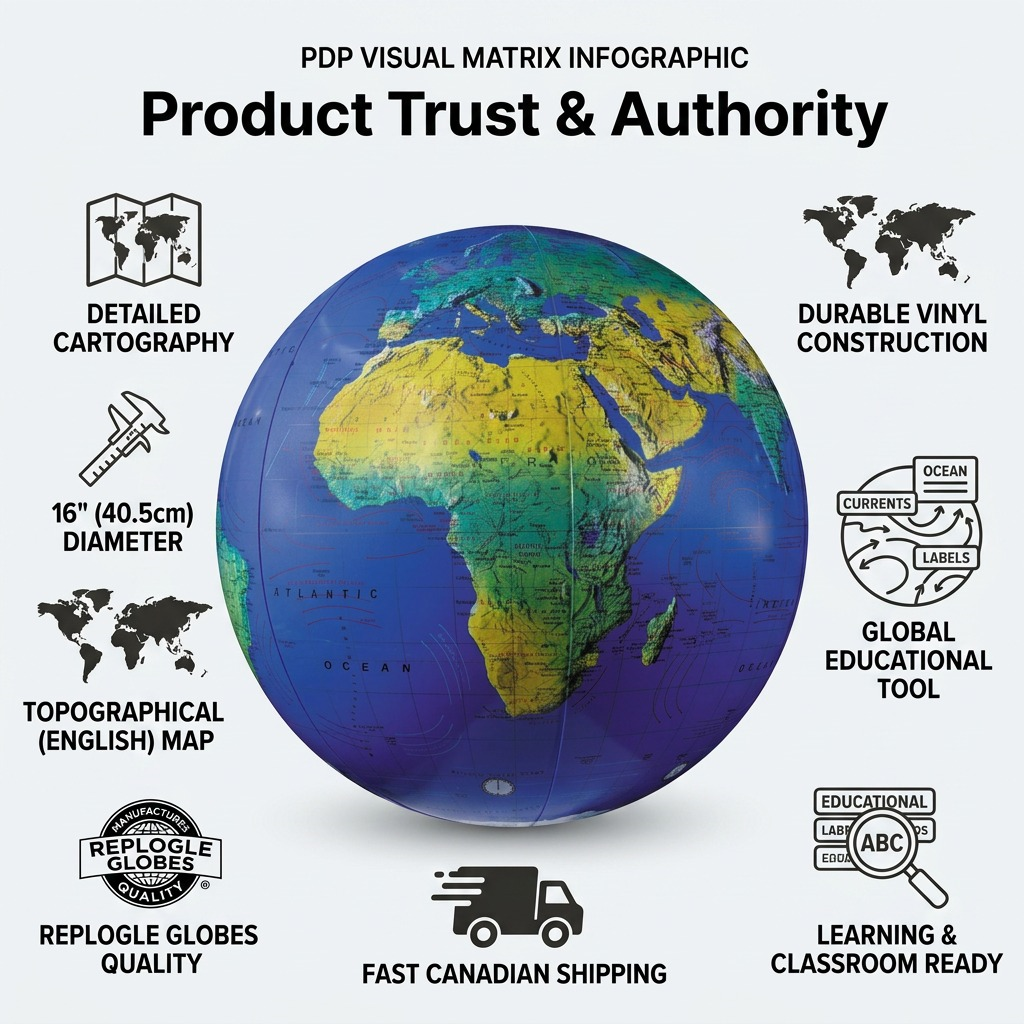 Inflatable globe product trust infographic featuring features and fast Canadian shipping.