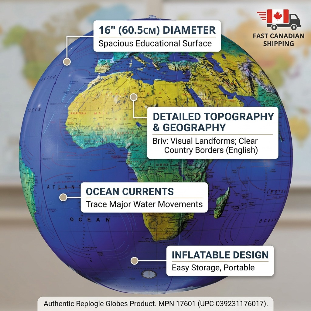 A feature graphic for the Replogle Globes Inflatable Blue Ocean Globe, calling out key attributes.