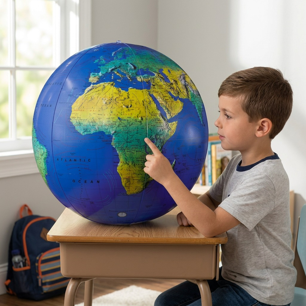 A lifestyle image of the Replogle Globes Inflatable Blue Ocean Globe being looked at by a child in a home setting.