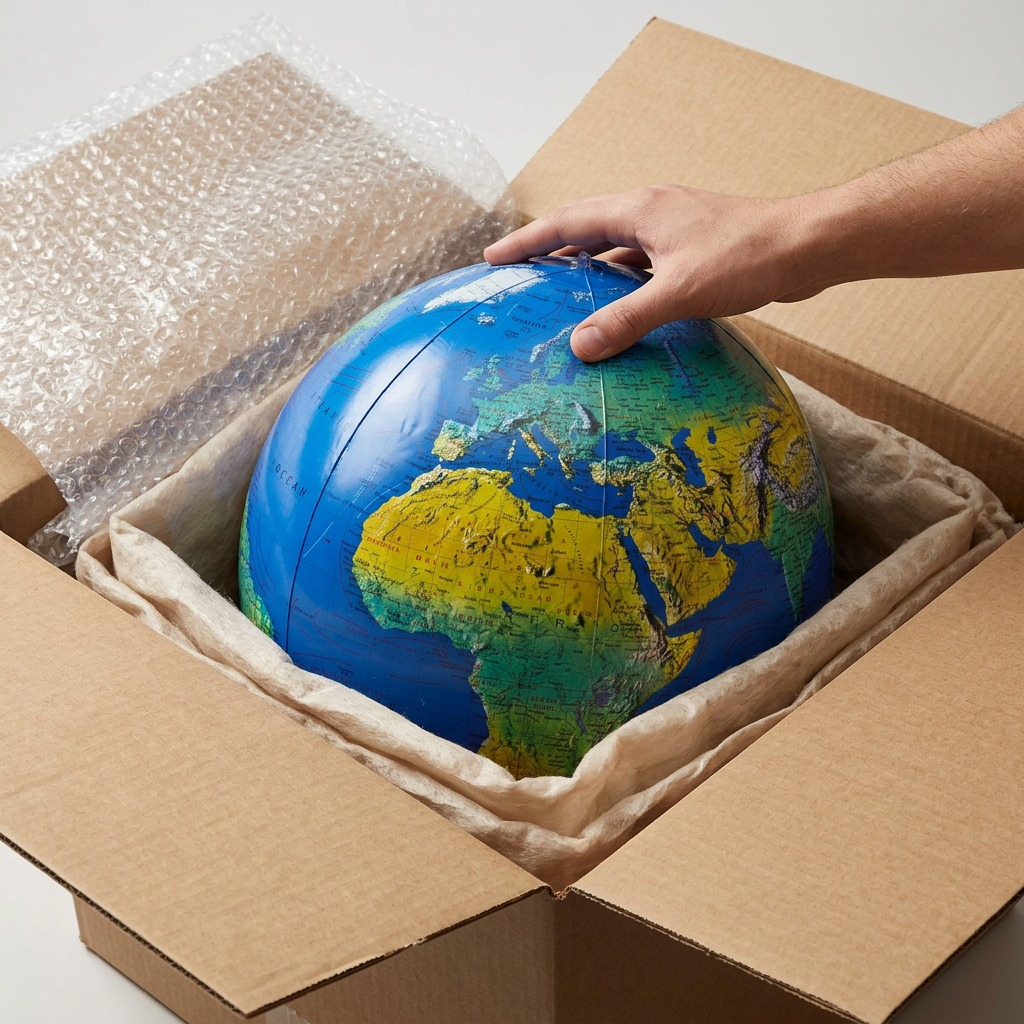 Unboxing shot: A hand takes an inflatable globe from protective shipping wrap, in a clean, realistic setndimar product