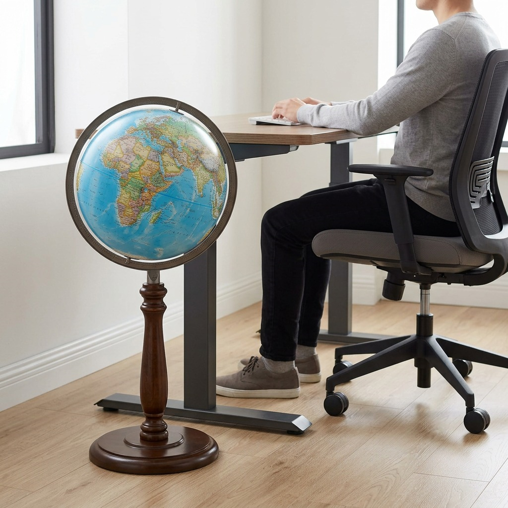 Chamberlin 16" globe stands next to a wooden desk and office chair in a modern room, demonstrating its scale.