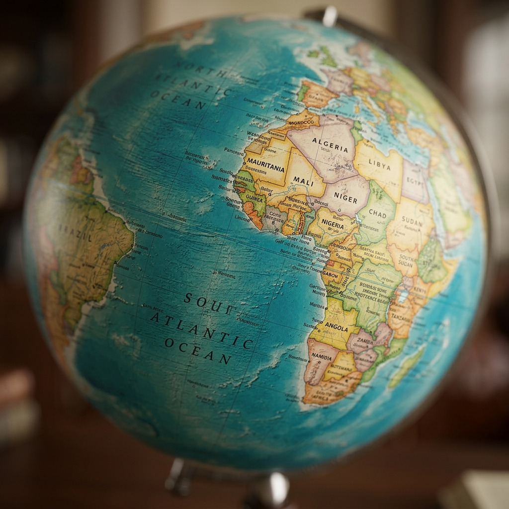 Macro photo detail: The textured print surface of a National Geographic illuminated Replogle globe showing clear details of the African continent.