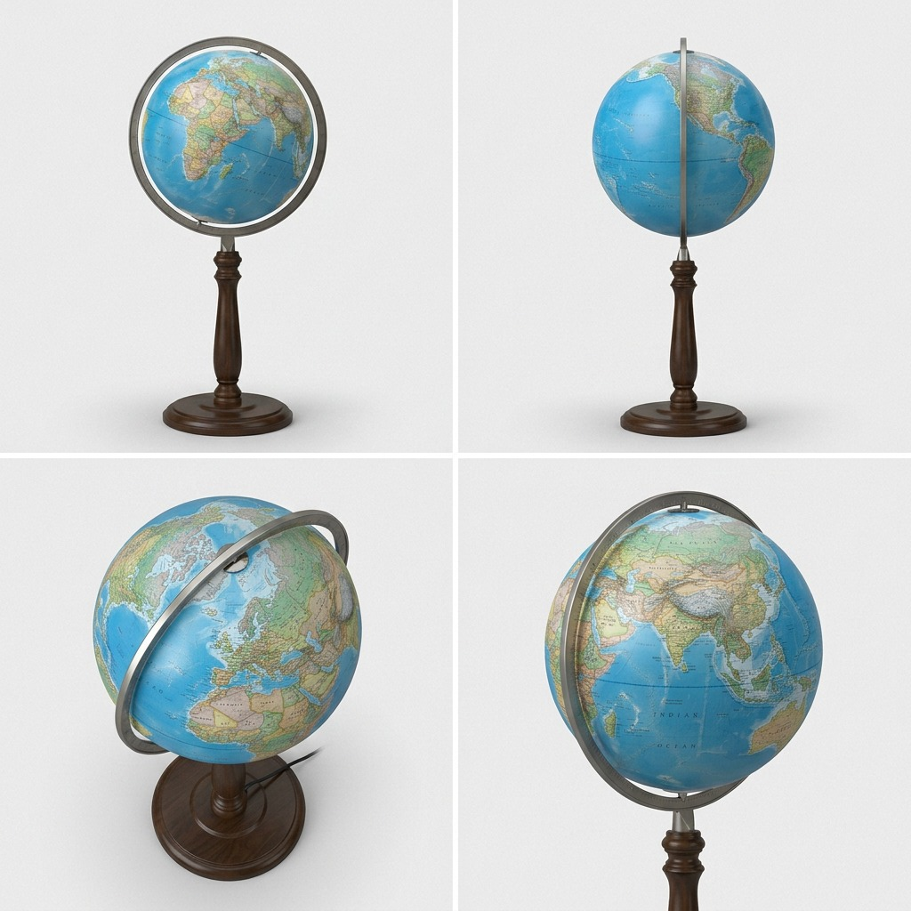 Quadrant matrix displaying the Replogle Chamberlin blue ocean globe with walnut base from 4 distinct angles.