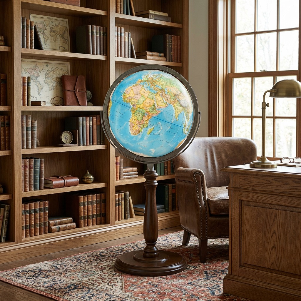 A lifestyle photograph of the 16-inch National Geographic Chamberlin illuminated floor globe standing in a wood-paneled home office next to a leather armchair.