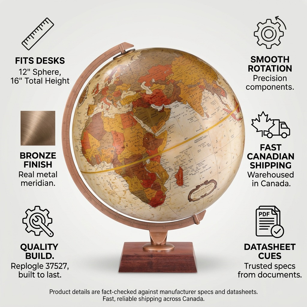 Trust infographic for Replogle Northwoods globe, detailing specifications, build quality, and Canadian origins.
