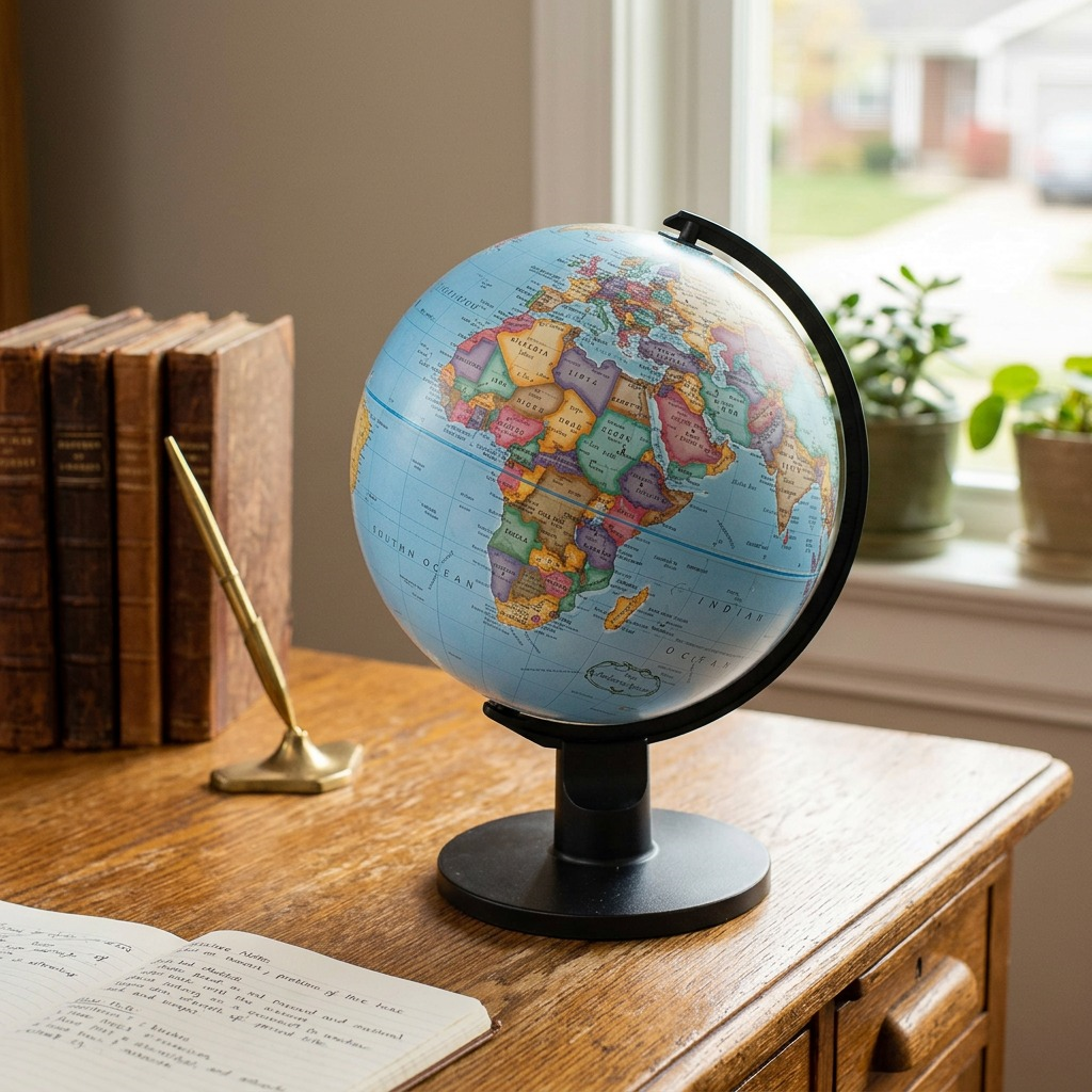 "Replogle Globes Trekker 6" desk globe on a wooden home office desk, realistic natural lifestyle environment"