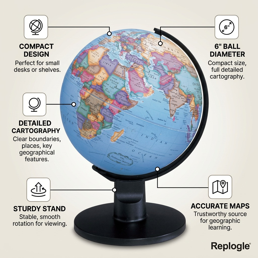 Feature matrix graphic for Replogle 6-inch desktop globe, highlighting size and details.