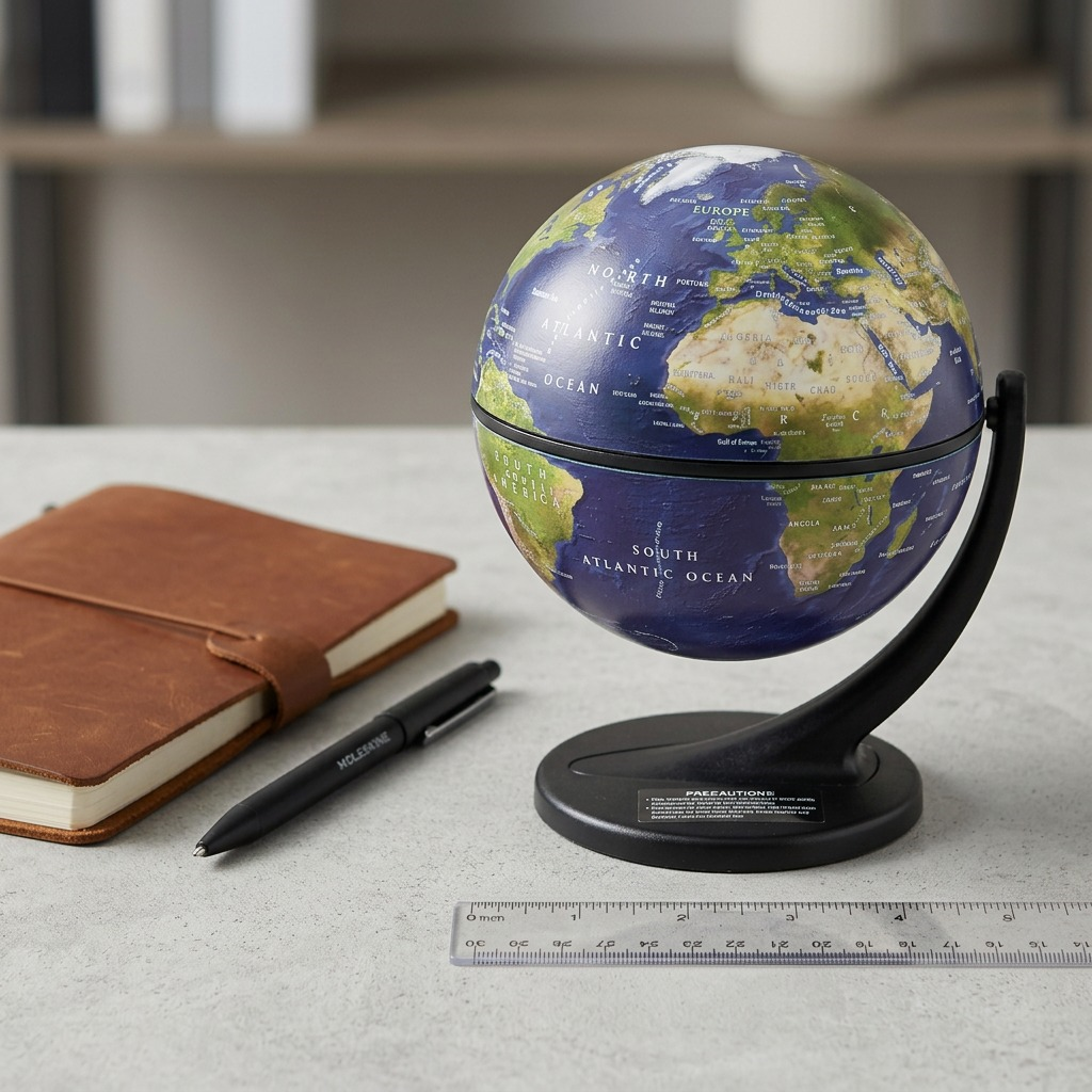 Scale shot of the 4.3" Replogle Satellite Wonderglobe beside an open journal and a standard pen.