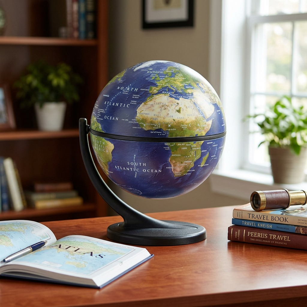 Replogle Satellite Wonderglobe in an executive desk setting with an open book and pen, reflecting its educational use.