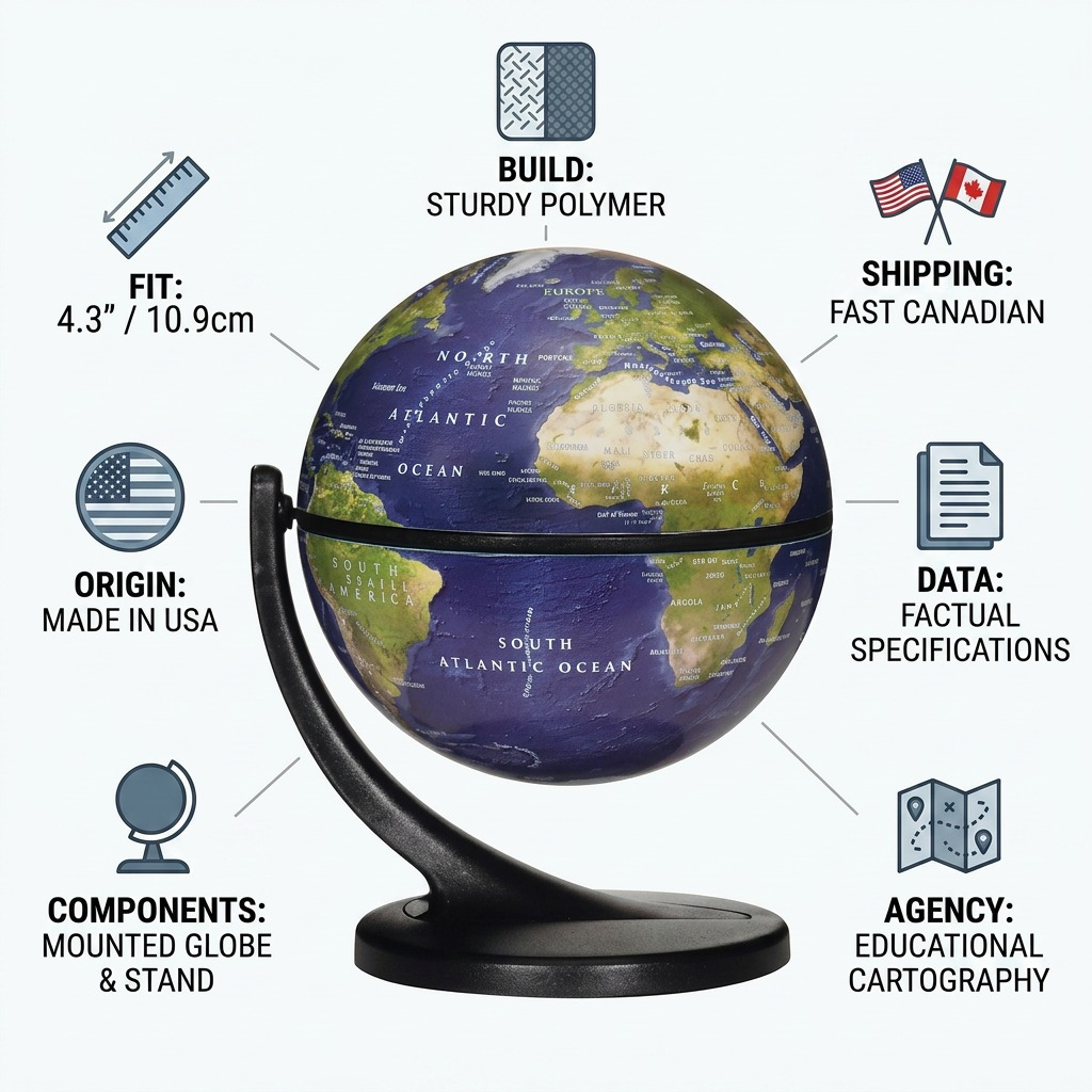 A trust and authority infographic featuring the Replogle Satellite Wonderglobe with factual data icons and short text cues, including fast Canadian shipping.