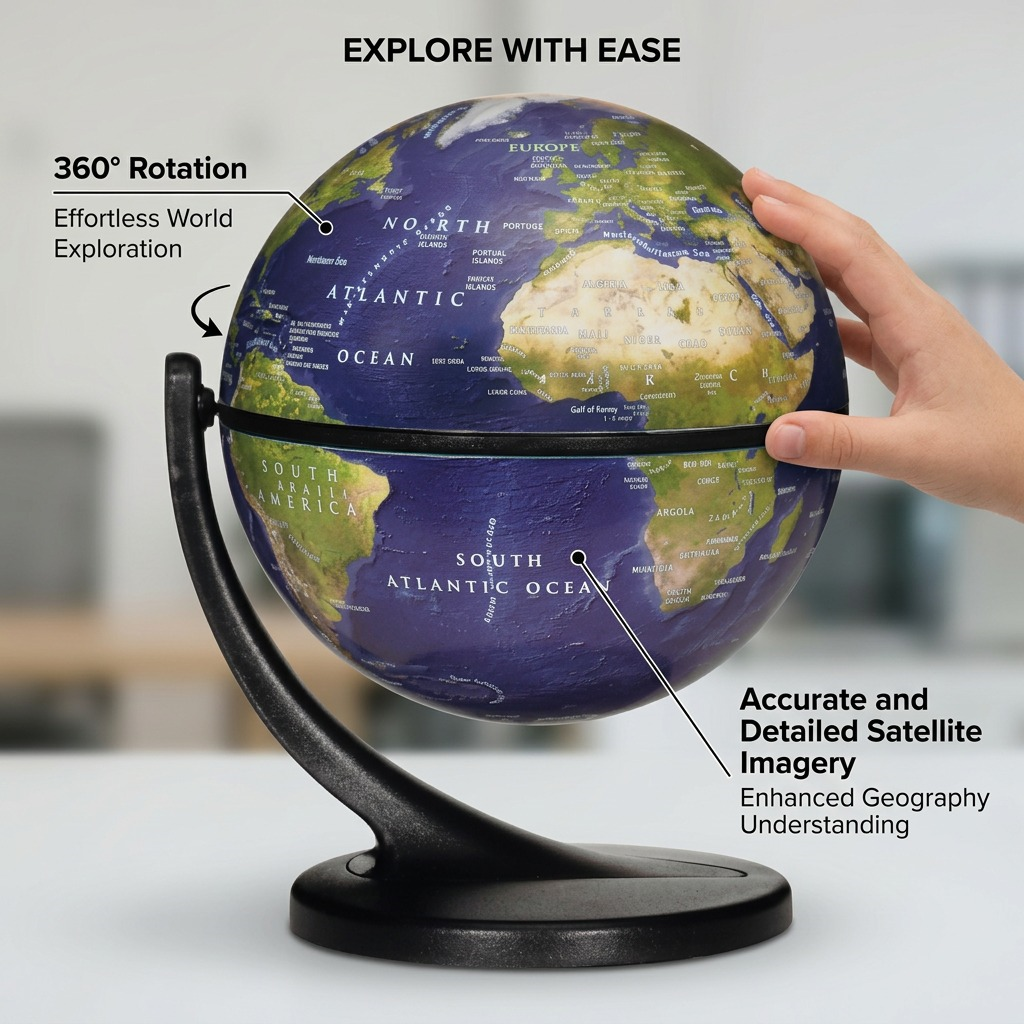 An image of the Replogle Globe (MPN 42813) on a white background with callouts to two features and their benefits.