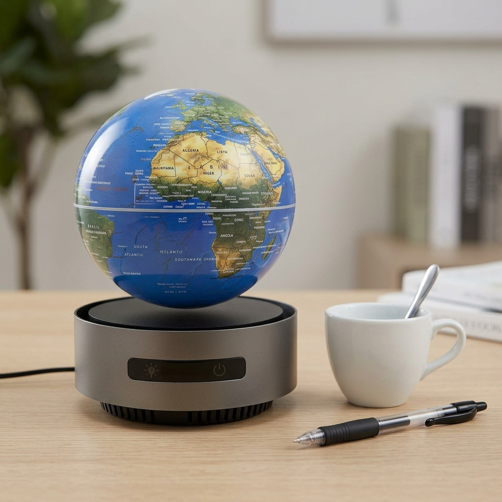 An angled photograph showing the magnetic levitating globe from image_0.png beside an espresso cup and a pen on a desk, illustrating its true compact size.