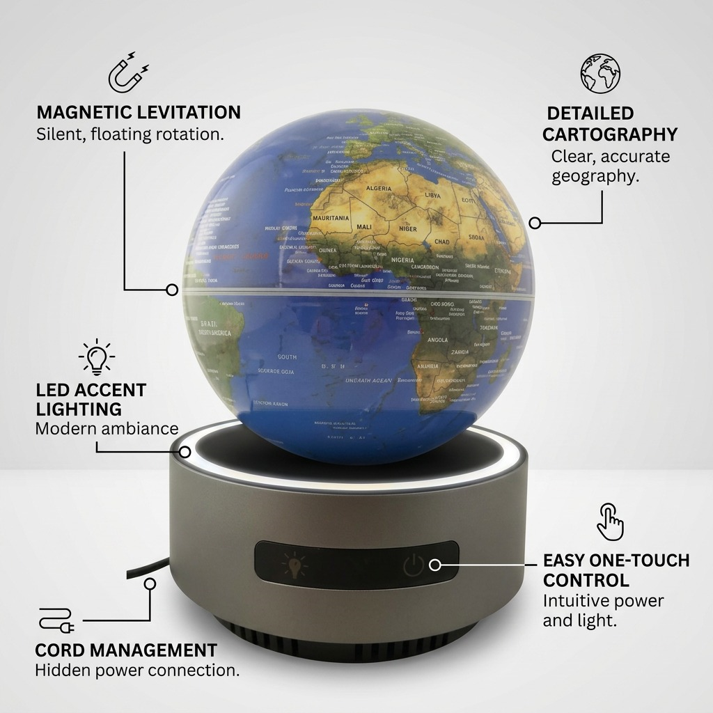 Replogle 6" floating globe with callout points showing its magnetic levitation and features.