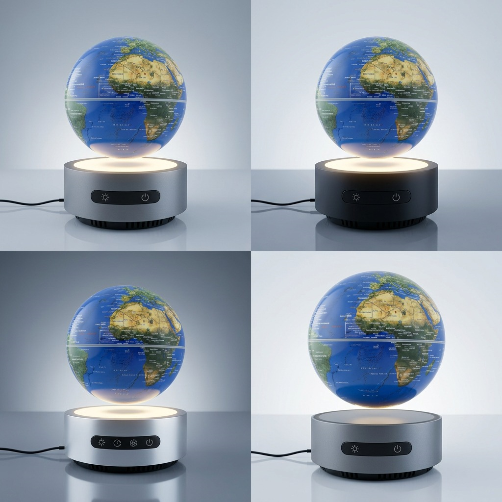 A product comparison matrix grid featuring four levitating globes. In addition to the canonical blue ocean globe with a silver base with icons (top left), the top right shows one with a black base with the same icons. A larger-scale view of the blue globe and a close-up of a base with different icons or features are also shown. The globes are floating above their respective bases.