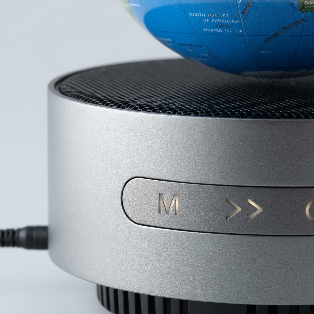 Macro detail shot of the silver levitating base control panel icons and textured surface.