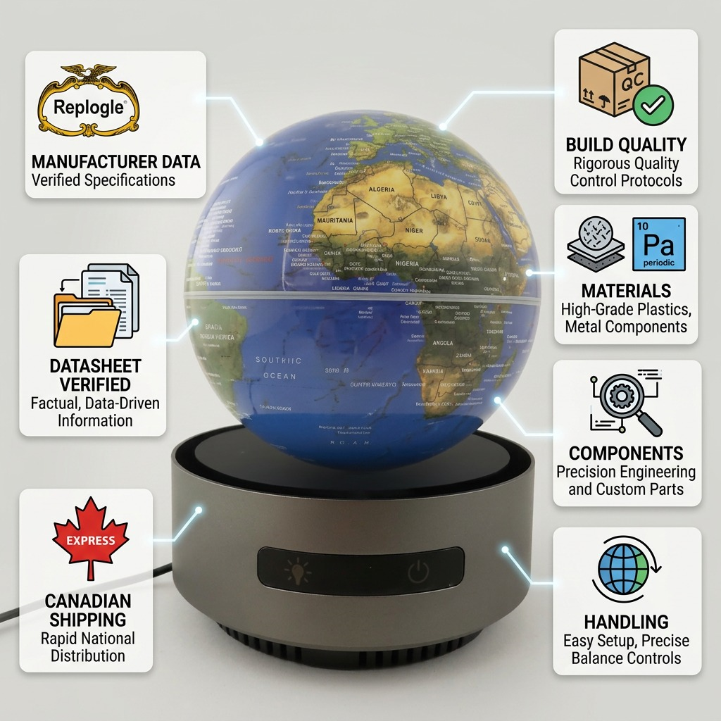 A trustworthy infographic showcasing the Replogle levitating globe product data and Canadian fast shipping information.