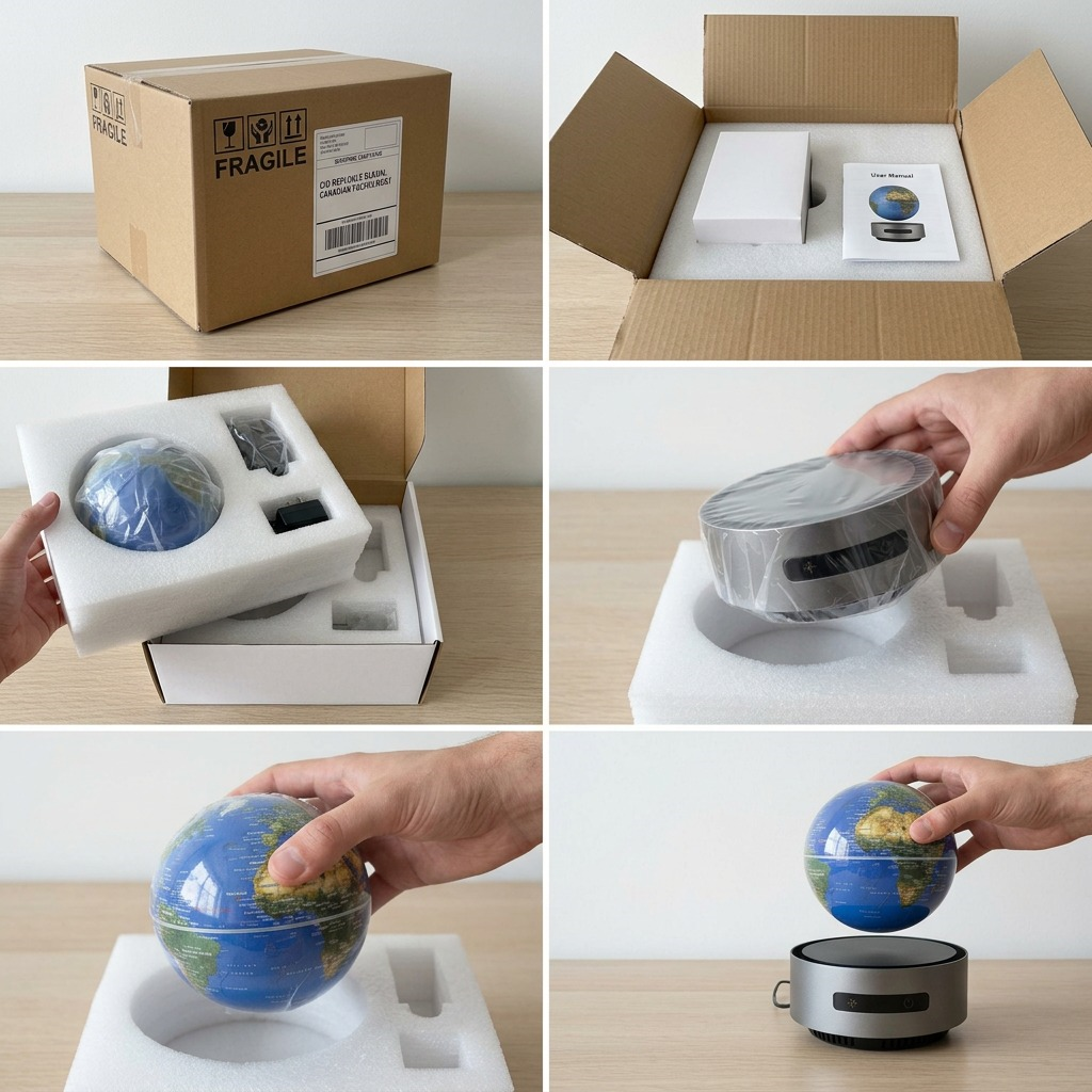 A box unboxing the Replogle self-floating desk globe.