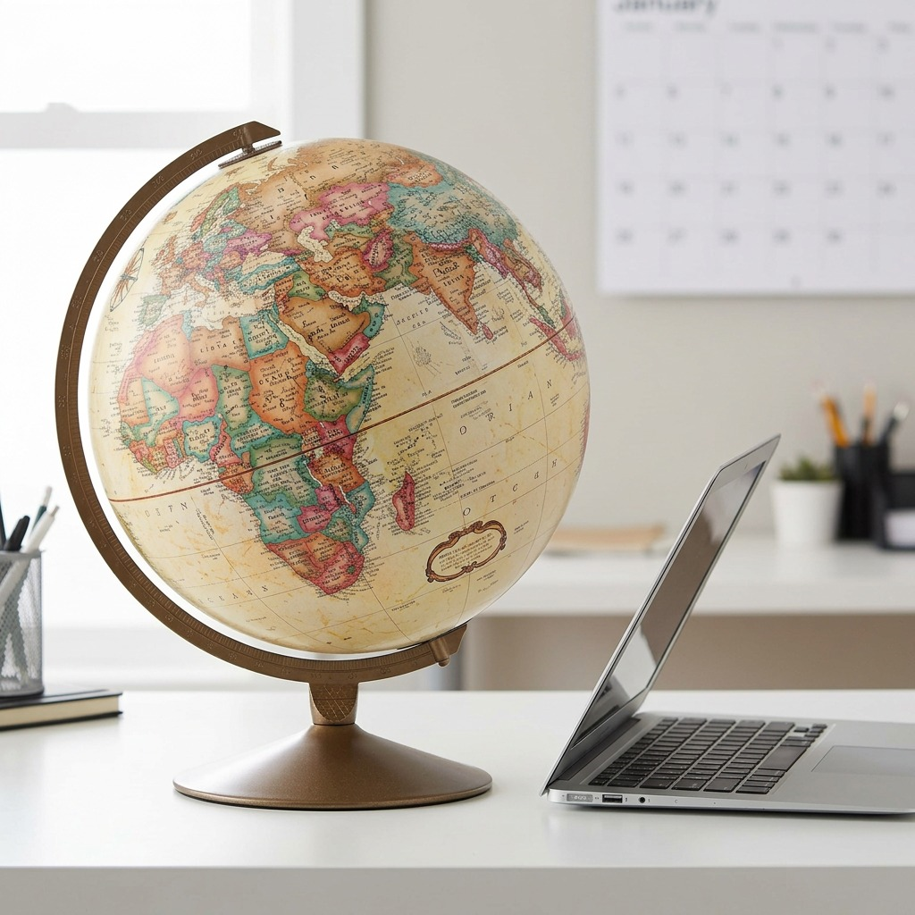 Replogle Franklin antique ocean globe on a desk, next to an open laptop for visual scale.
